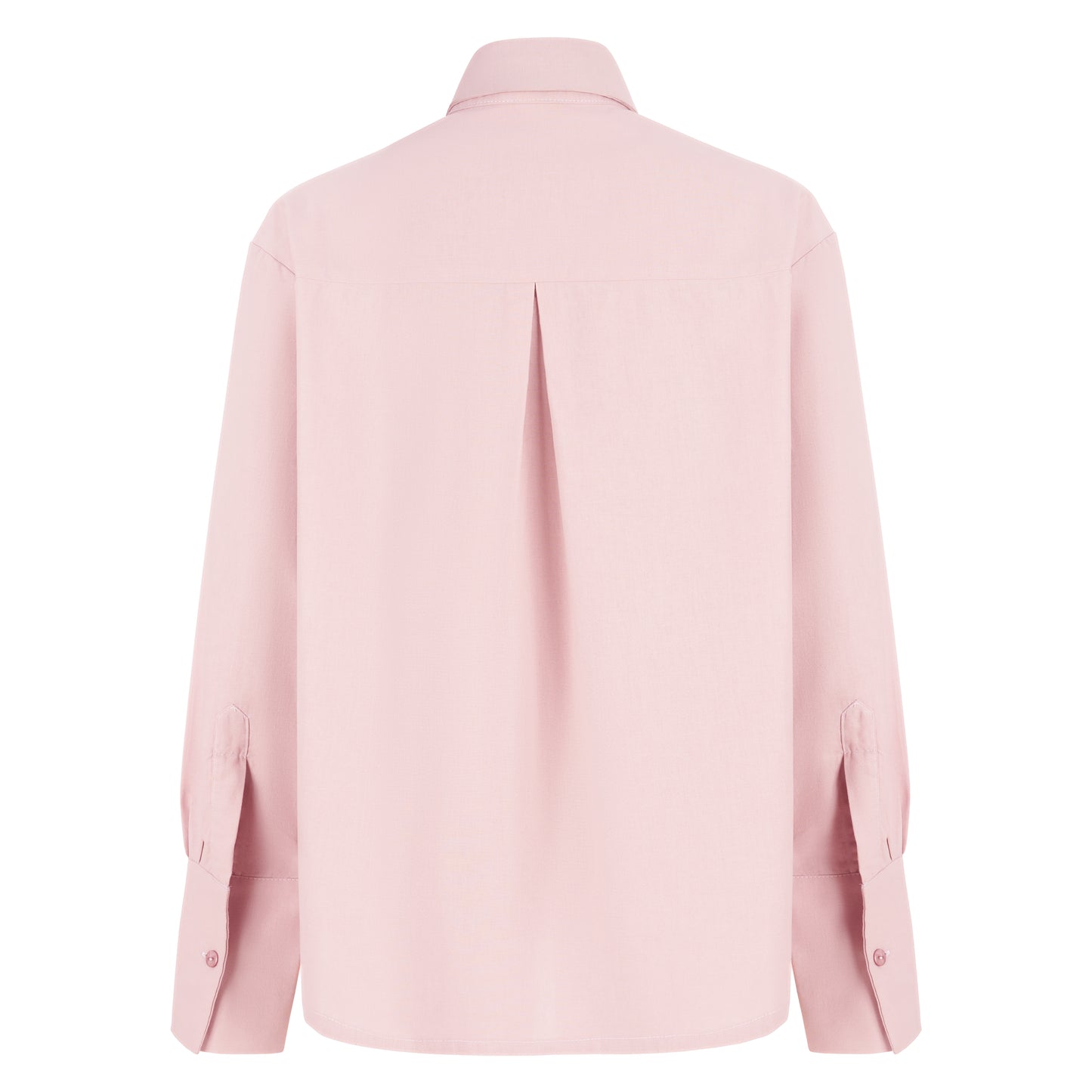 Back view of dusty pink straight-fit women's shirt with center pleat at the yoke, designed for a clean, tailored fit, on a white background.